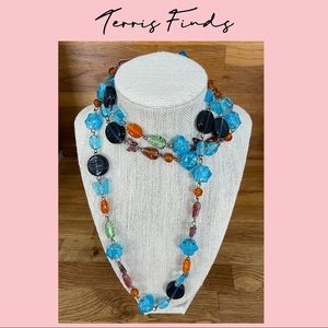 Vintage Glass Beaded Long Necklace Blues